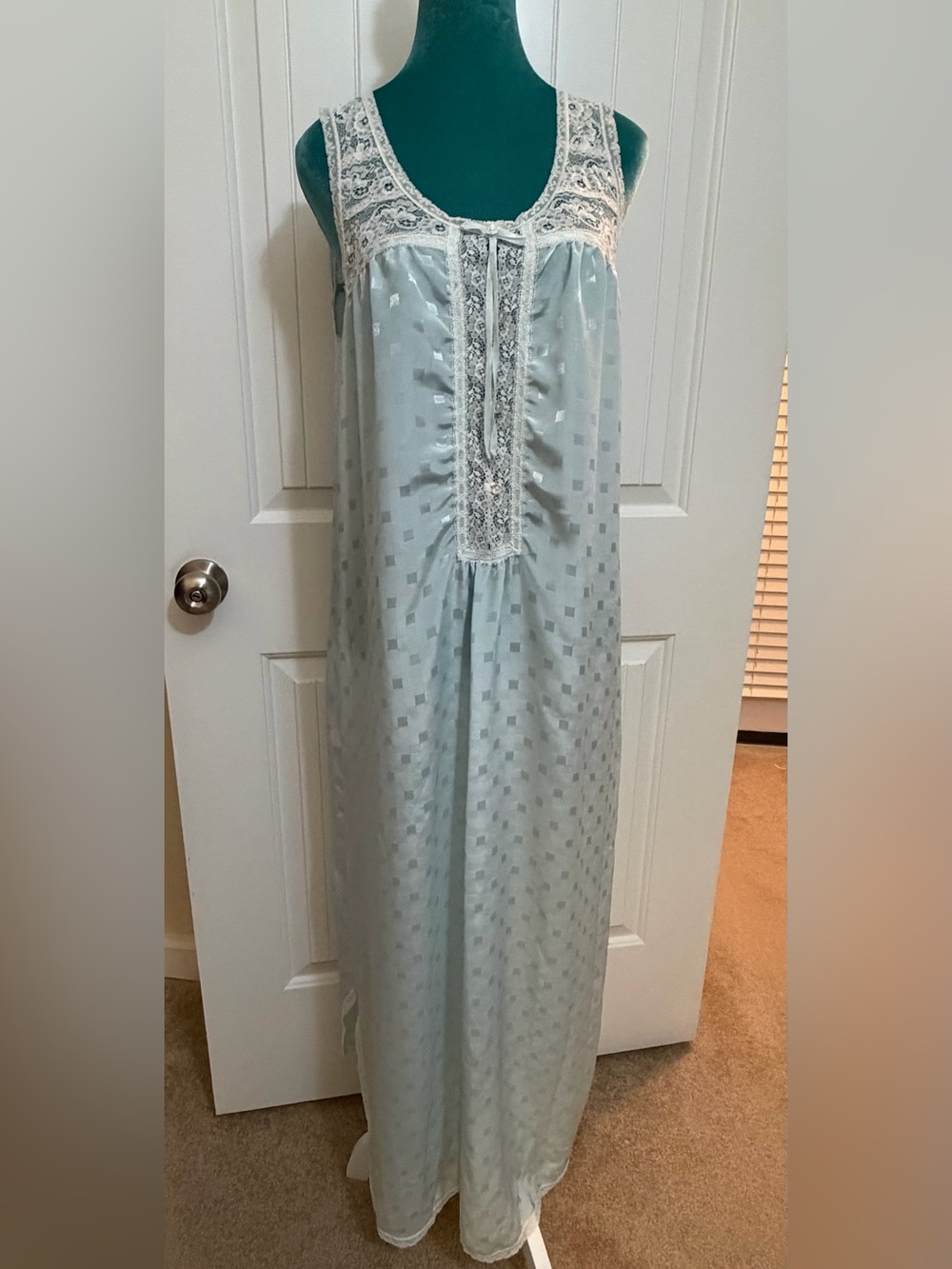 Midnight by Carole Hochman Light Blue Satin Nightgown with White Lace